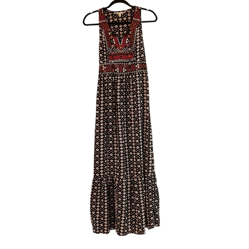 Ecote Urban Outfitters- Embroidered Sleeveless Patterned Maxi Dress w/ tie front